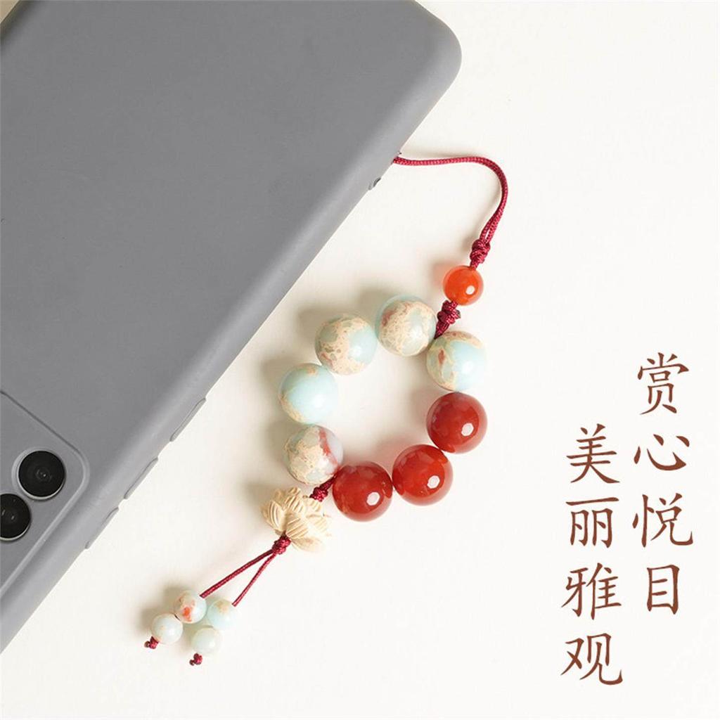 Putuo Mountain Shoushan Stone Wooden Lotus Phone Chain, Auspicious Red Agate Chain, Women's Traditional Chinese Style Handmade Woven Gift Pendant