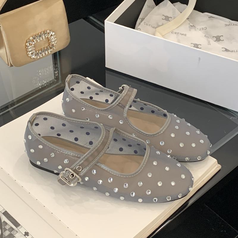 Fashion SUOJIALUN 2025 Autumn Women Flat Shoes Fashion Mesh Crystal Ladies Elegant Mary Jane Ballet Shoes Soft Flat Heel Dress Single Sh