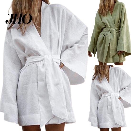 Short Dress Lace Up Robe Long Sleeve Women Cardigan V Neck Solid Color Mini Streetwear