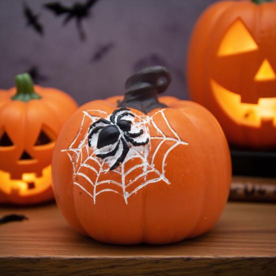 Halloween Pumpkin Figurine Spooky Bat Ghost Spider Web Pumpkin Statue Resin Tabletop Decoration for Home Mantel Shelf Decor