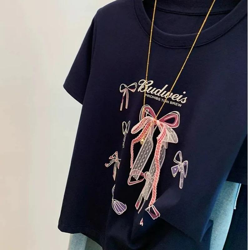 Spring and Summer Personalized Street Printed Cotton T-shirt for Women Korean Style Age-reducing Short-sleeved Round Neck