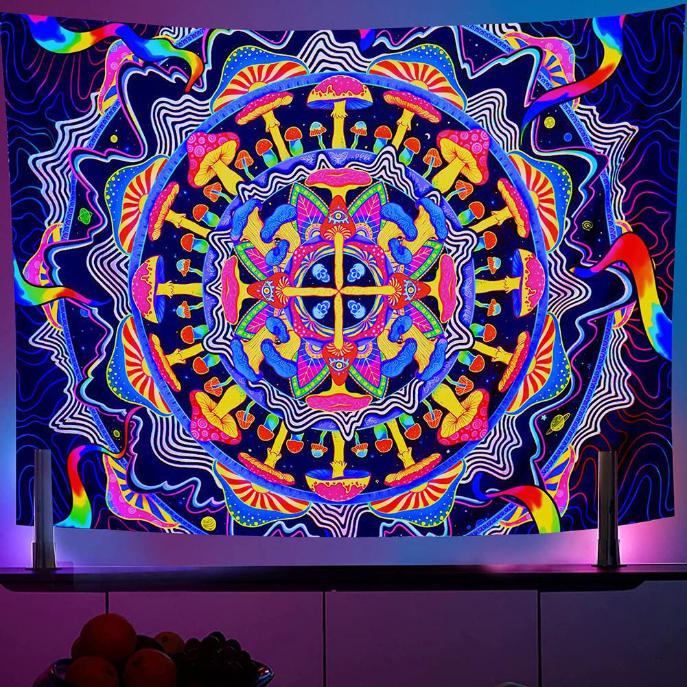 Hanging Wall Tapestry Colorful Uv Reactive Blacklight Mushroom Background Wall Cloth With Installation Accessories