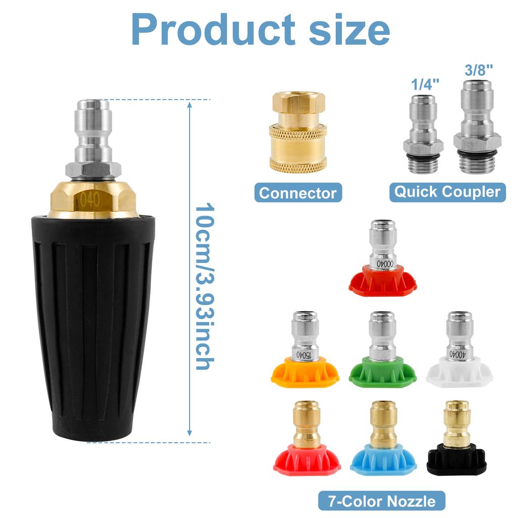 Pressure Washer Tip Turbine Nozzle with 1/4inch 3/8inch Quick Connector Brass Rotating Turbine Nozzle Set with 7 Spray Nozzle