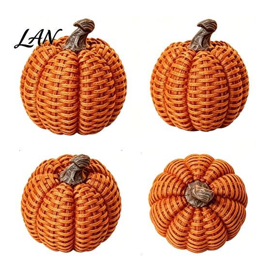 Halloween Pumpkin Decor Faux Rattan Resin Figurine, Vintage Distressed Orange Black Farmhouse Tabletop Fall Seasonal Window Decor, Indoor Harvest