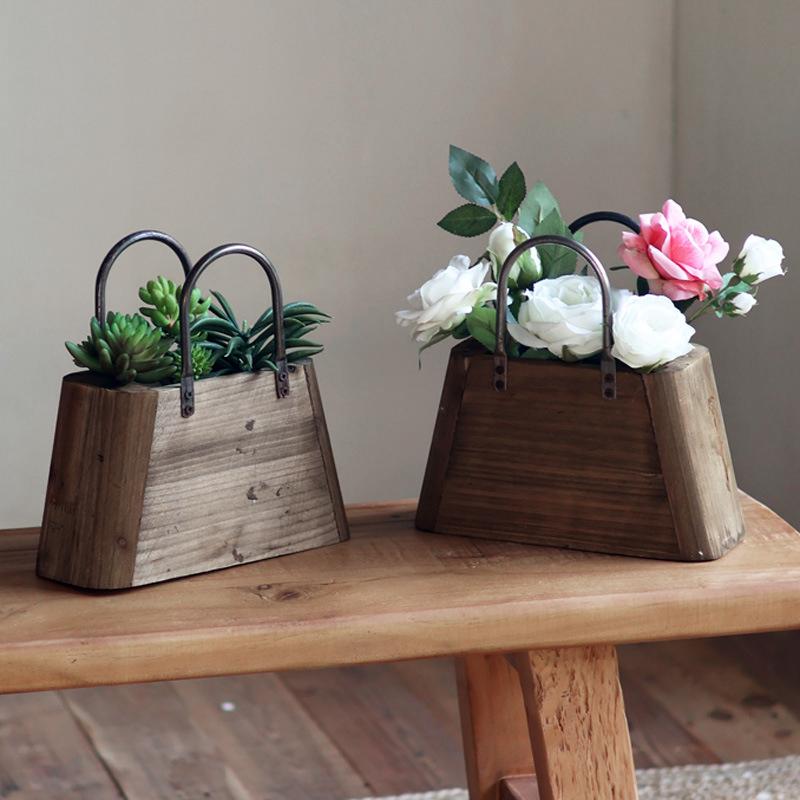 1PC Flower Pot Handmade Plant Minimalist Retro Home Pot Rustic Wooden Creative Basket Simple 26x23x11cm