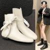White Butterfly-knot Chelsea Ankle Boots Vintage Square Toe Flat Leather Low Heels Slip-on Shoes 2024 Women's Slim Western Boots