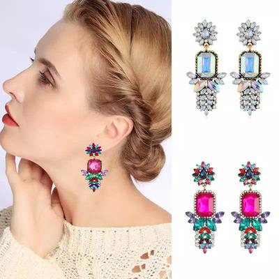 Women Bohemian Long Drop Earrings Titanium Steel Alloy Pendant Earrings Acrylic Colorful Grass Crystal Flower Geometric Ear Ornaments