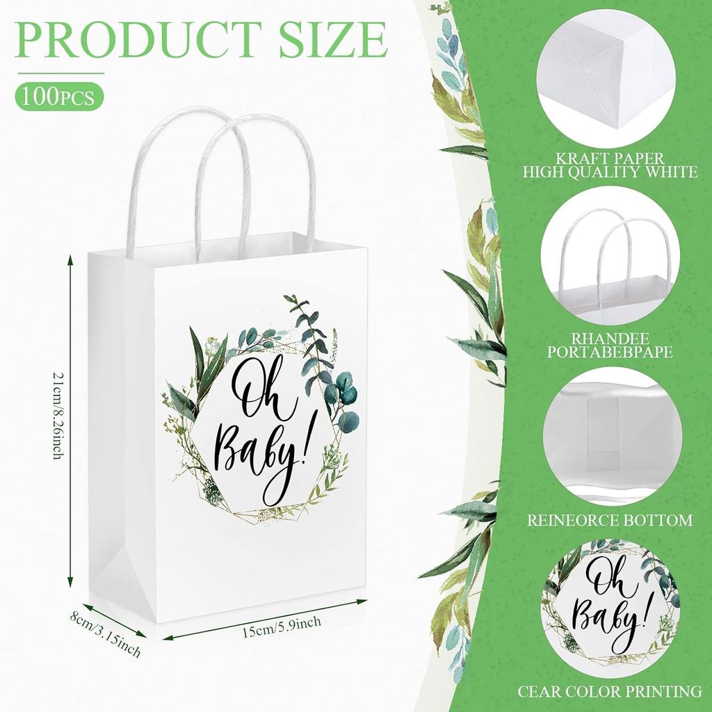 Fumete 50 Pcs Baby Shower White Paper Bags Bulk with Handles Greenery Eucalyptus Paper Bags Greenery Paper Goodie Bag Gift Wrap Bag for Baby Shower