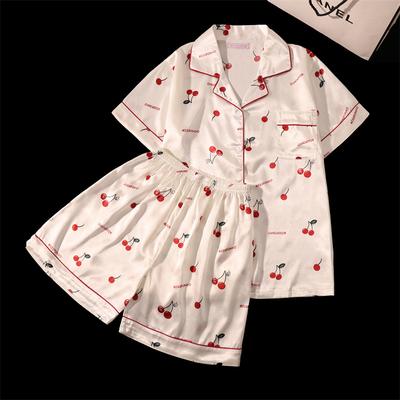 2-teiliges Damen Set Sommer Kurzarm Oberteile und Shorts Pyjama Frau Seide Mode Nachtwäsche Blumenmuster Sexy Satin Pyjama Set