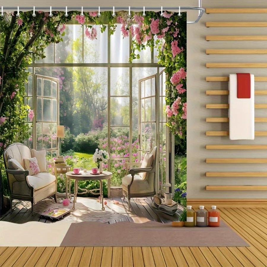 Sonnenbeschienene Gartenoase Duschvorhang - Mehrstil-Badezimmerdekor, Perfekt für Liebhaber von Natur-inspirierten und praktischen Designs