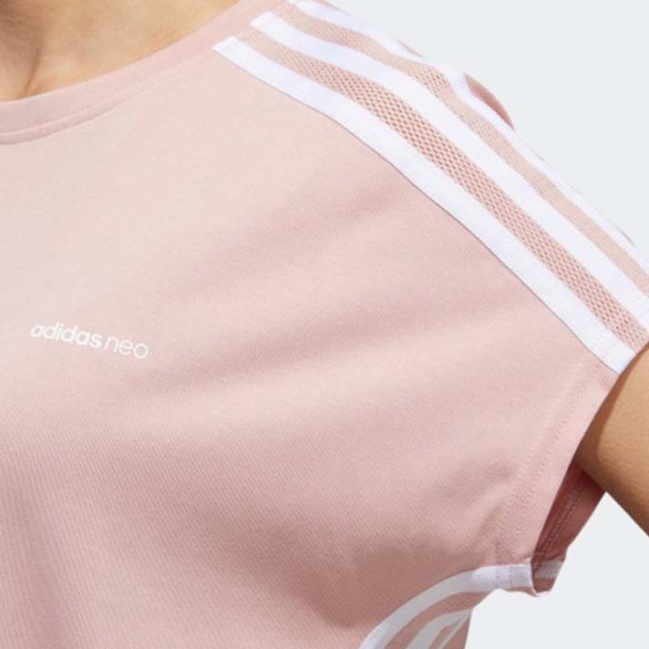 Adidas Neo Solid Color Striped Short Fitted Casual Sports Comfortable Breathable Round Neck Short Sleeve Dress Women Dresses Vibrant-Pink GK1503
