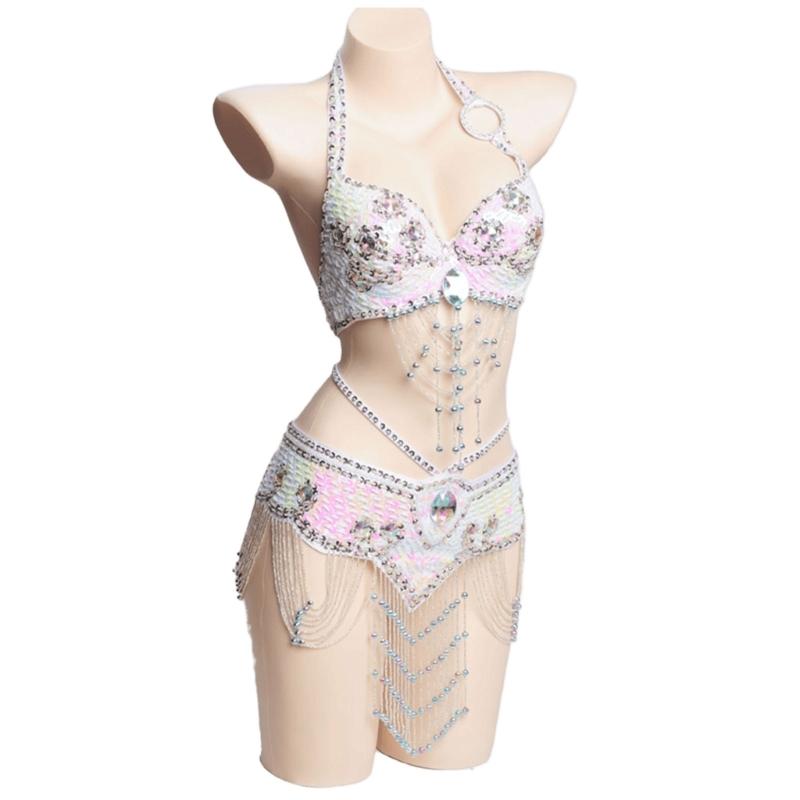 2Pieces Tribal Belly Dance Bra and Belt Belly Dancing Outfit Belly Dancer Costumes for Women S белый