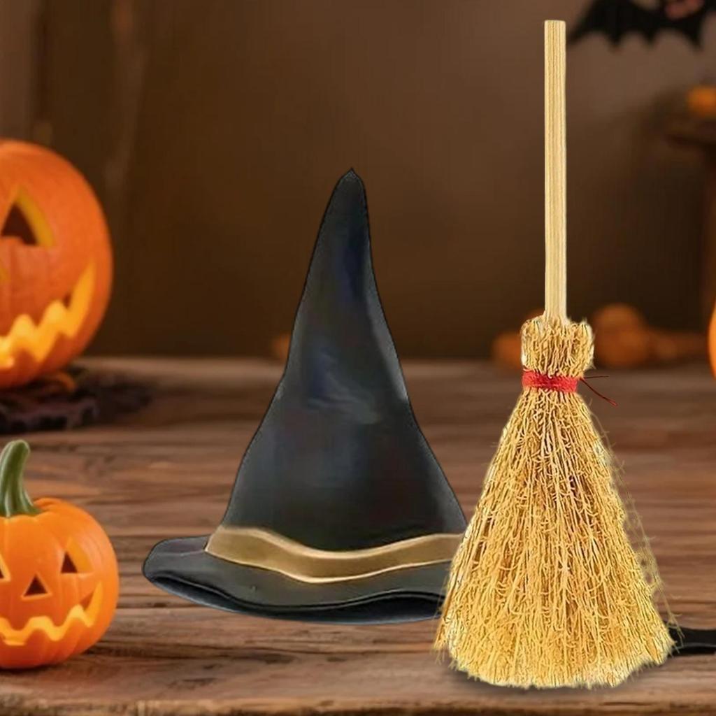 Halloween Hat Small Black Witch Hats 1 Set Miniature Decoration Broom For Party Wedding Adult Toddler Kids Doll House Baby Girls