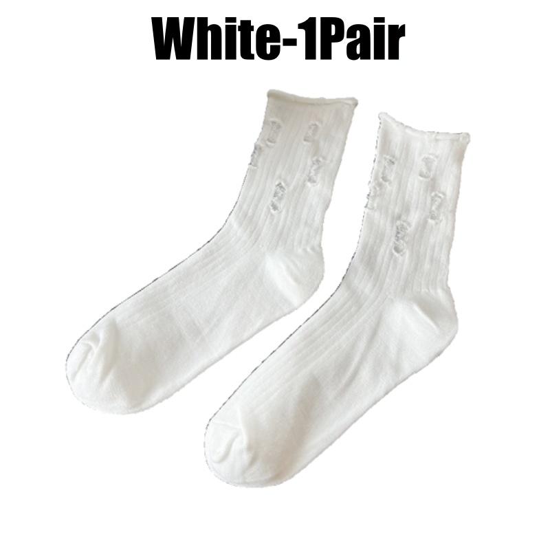 Distressed Mid Calf Socks Women Black Cotton Ripped Hole Stackable Boho Chic Tube Socks Three Season Spring Summer Fall