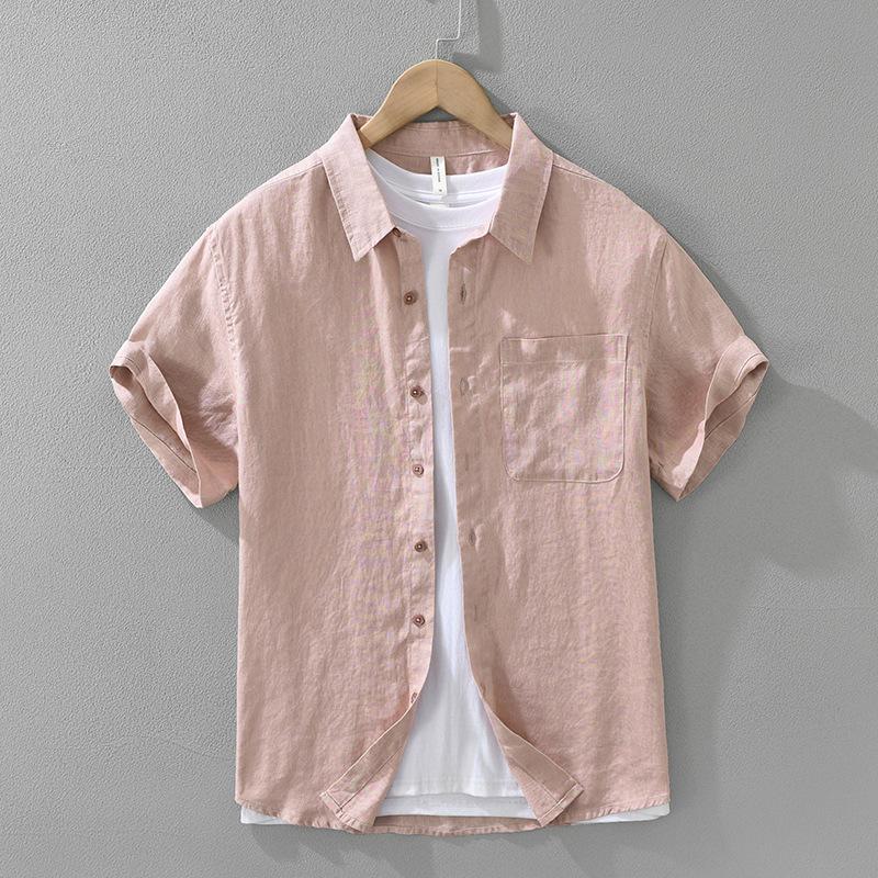 

Linen Short Sleeve Shirt for Men Breathable Summer Casual Top Minimalist Loose Fit Button-Up Shirt Natural Wrinkle Texture XS розовый