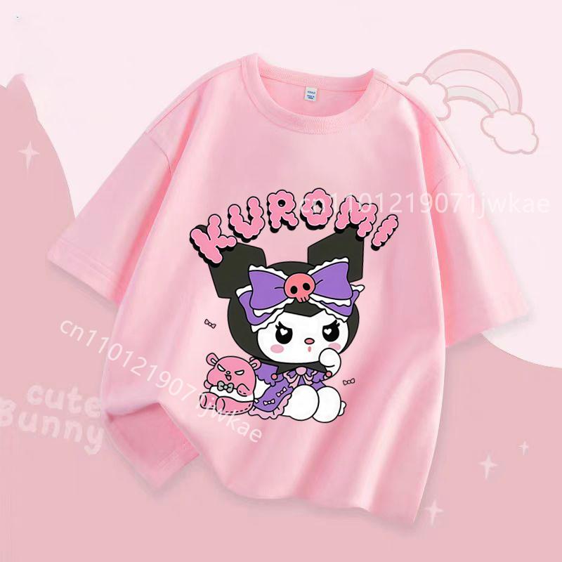 Kuromi Girl T Shirt Purple Cartoon Print Kids Tops Short Sleeve Tees Summer Breathable Cute Baby Casual Clothes Birthday Gifts