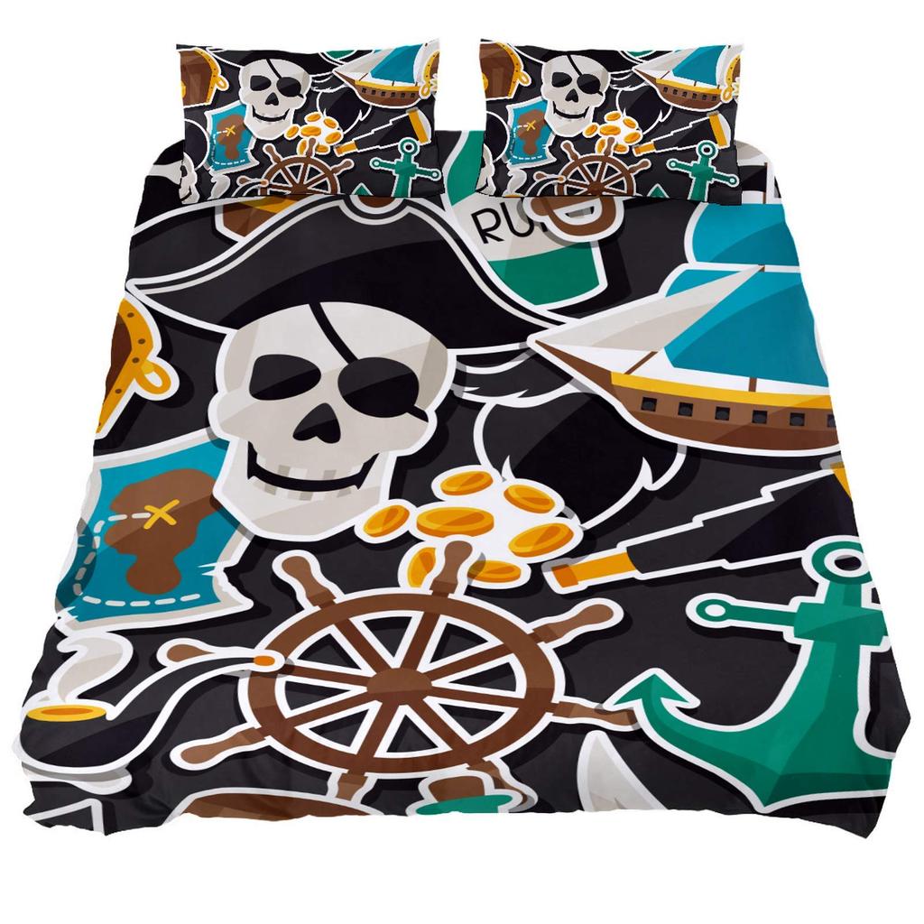 Pirátský povlak na přikrývku Žraločí zátoka Ostrov Tortuga Karibské vody Retro Jolly Roger Hořčicově modrá Dekorace do ložnice Ženy Děti Muži
