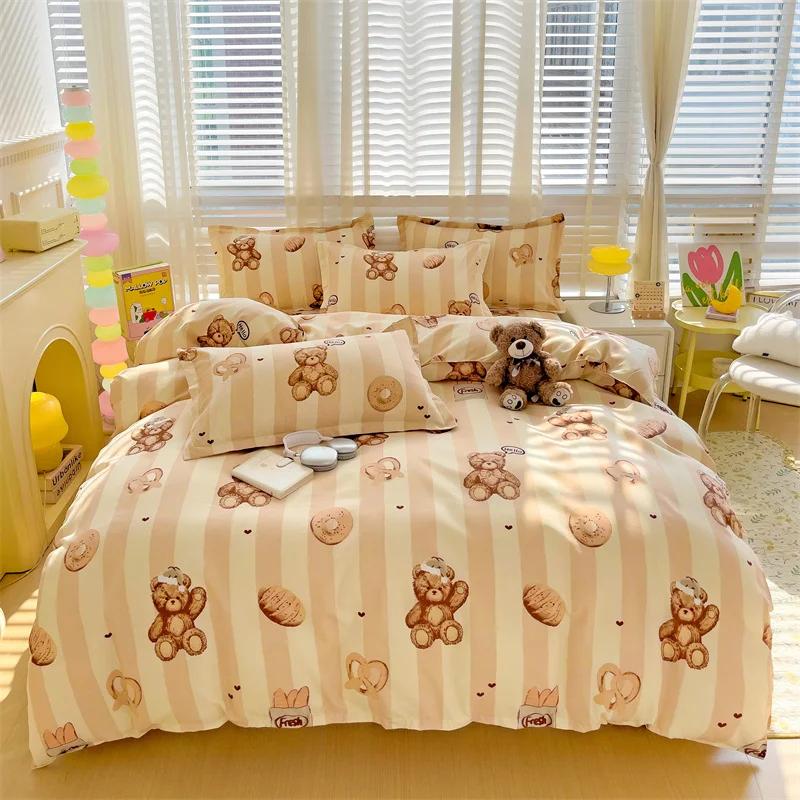 Cute Bear Bedding Set No Filler Ins Korean Style Khaki Brown Striped Comforter Covers Queen Size Kids Adult Soft Thick Bedding