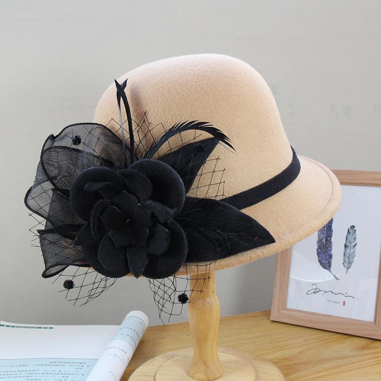 Ny höst- och vintertermomössa Dam Brittisk Retro Ullhatt Elegant Nät Blomma Cylinderhatt