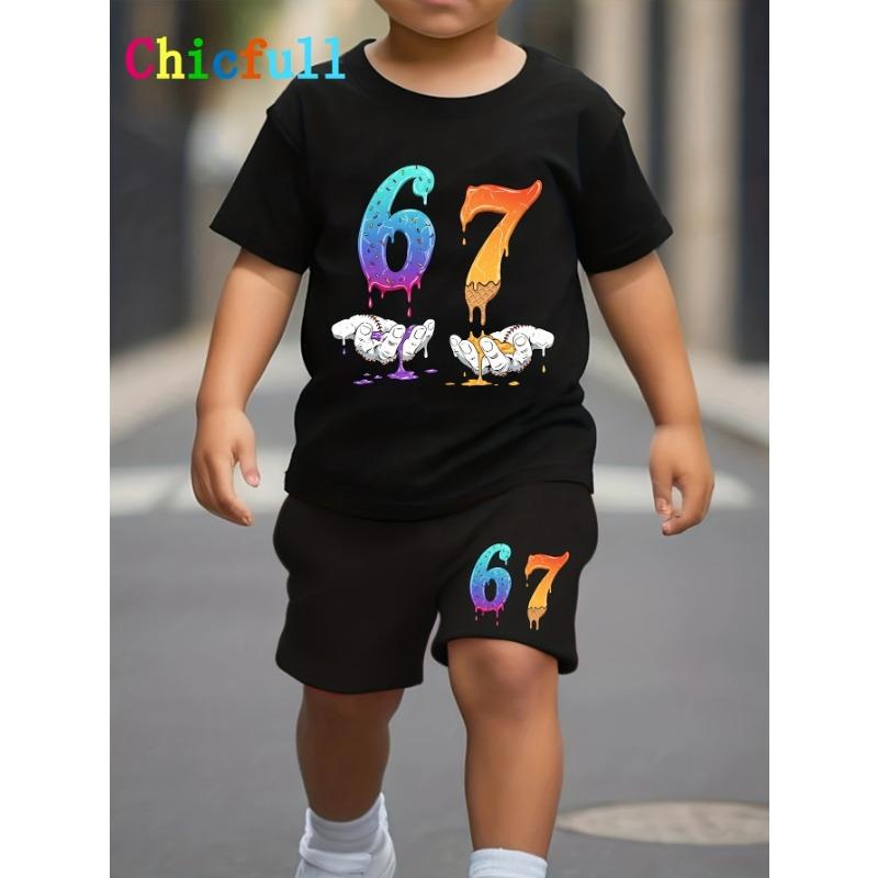 

Boy s 67 Six Seven Gradient Number Print Trendy Cool Comfortable Novel T-Shirt and Shorts Set, Perfect for Outdoor 100