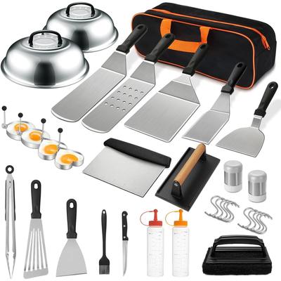Kit de 35 Piezas de Accesorios para Plancha, Juego de Accesorios para Parrilla de Superficie Plana para Blackstone y Camp Chef, Juego de Espátulas para Parrilla con Espátulas Ampliadas, Tapa para Rociar,