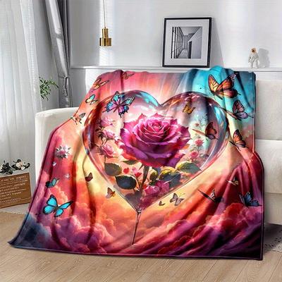 1pc Rose Butterfly Printing Lightweight Flannel Blanket, Comfortable and Warm Blanket, for Camping Sofa Bed and Couch Office, Gift
