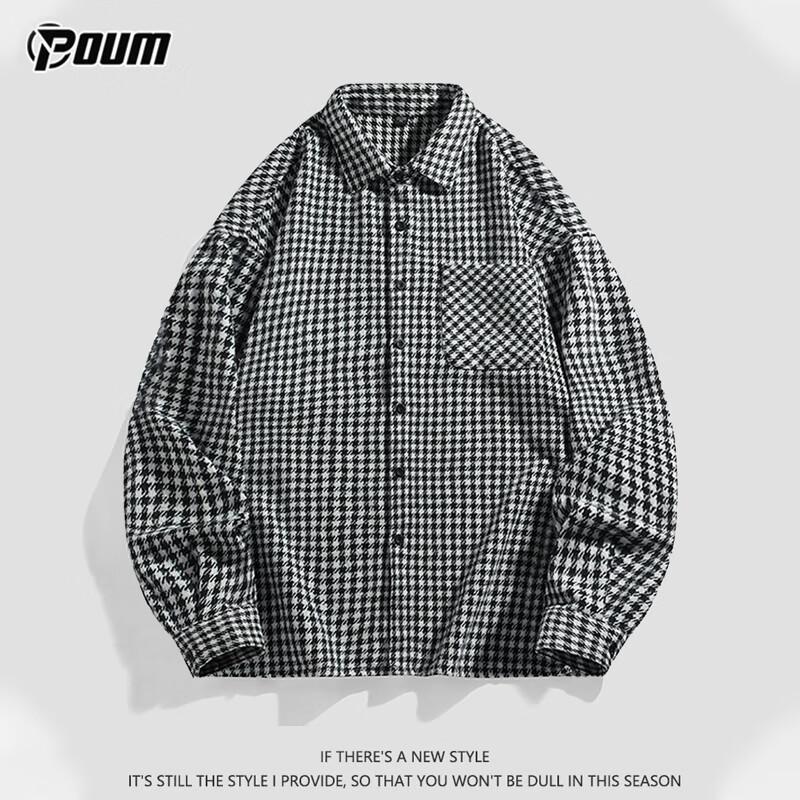 POUM Trendy Plaid Shirt for Men, Spring And Autumn Style, Loose Casual Long-Sleeve Shirt Jacket CS10 Black M