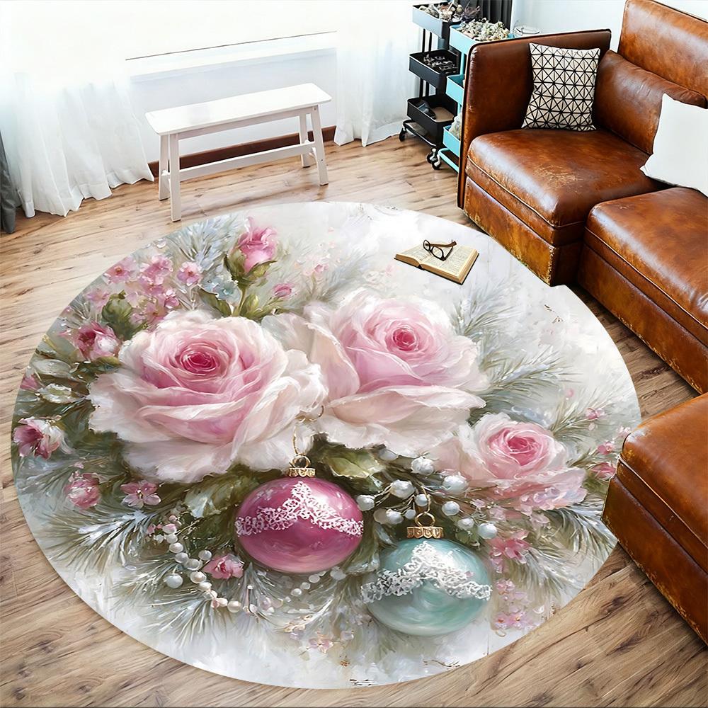 1pc Floral Christmas Ornaments Round Chair mat Area Rug - Non-Slip, Floor Mat for Office, Bedroom, and Indoor Decor -1002256