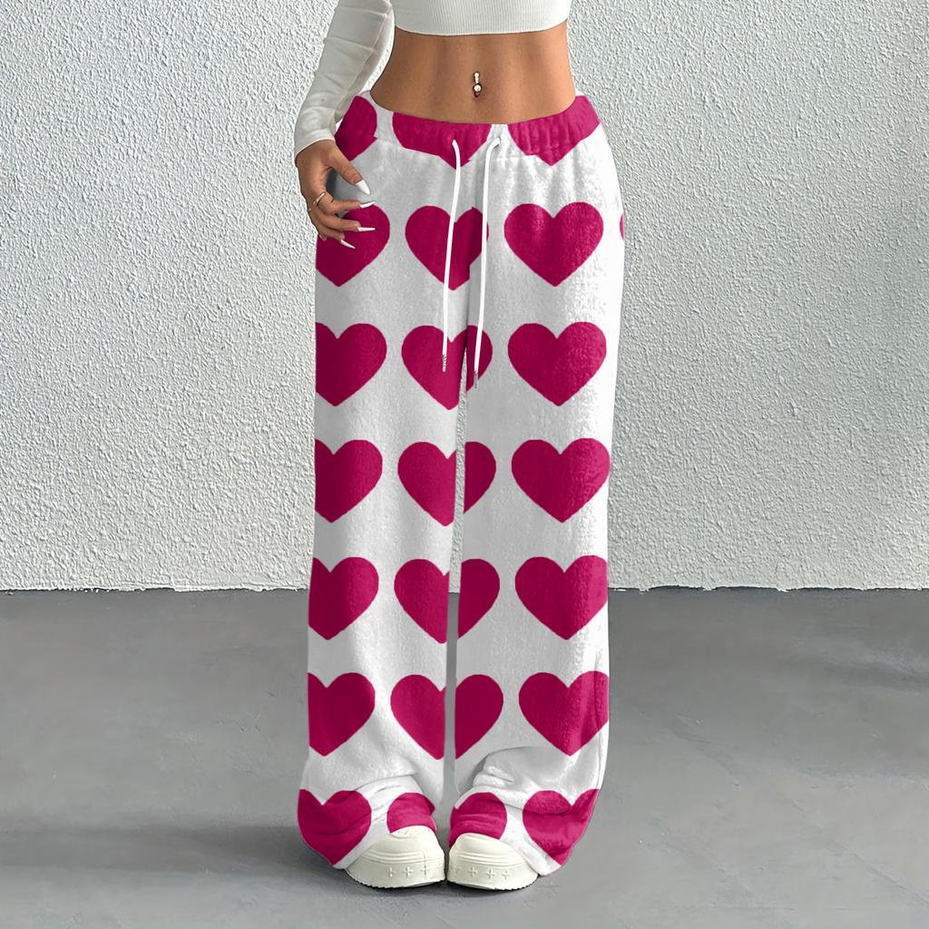 Women's Casual Fashion Printed Elastic Waist Loose Straight Leg Pants With Rope