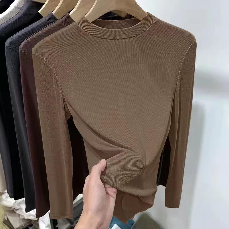 Tricou cu guler mic, față-verso din fleece, pentru femei, croială slim, cu mânecă lungă – Versatil pentru primăvară/toamnă, stil european, top cu nervuri