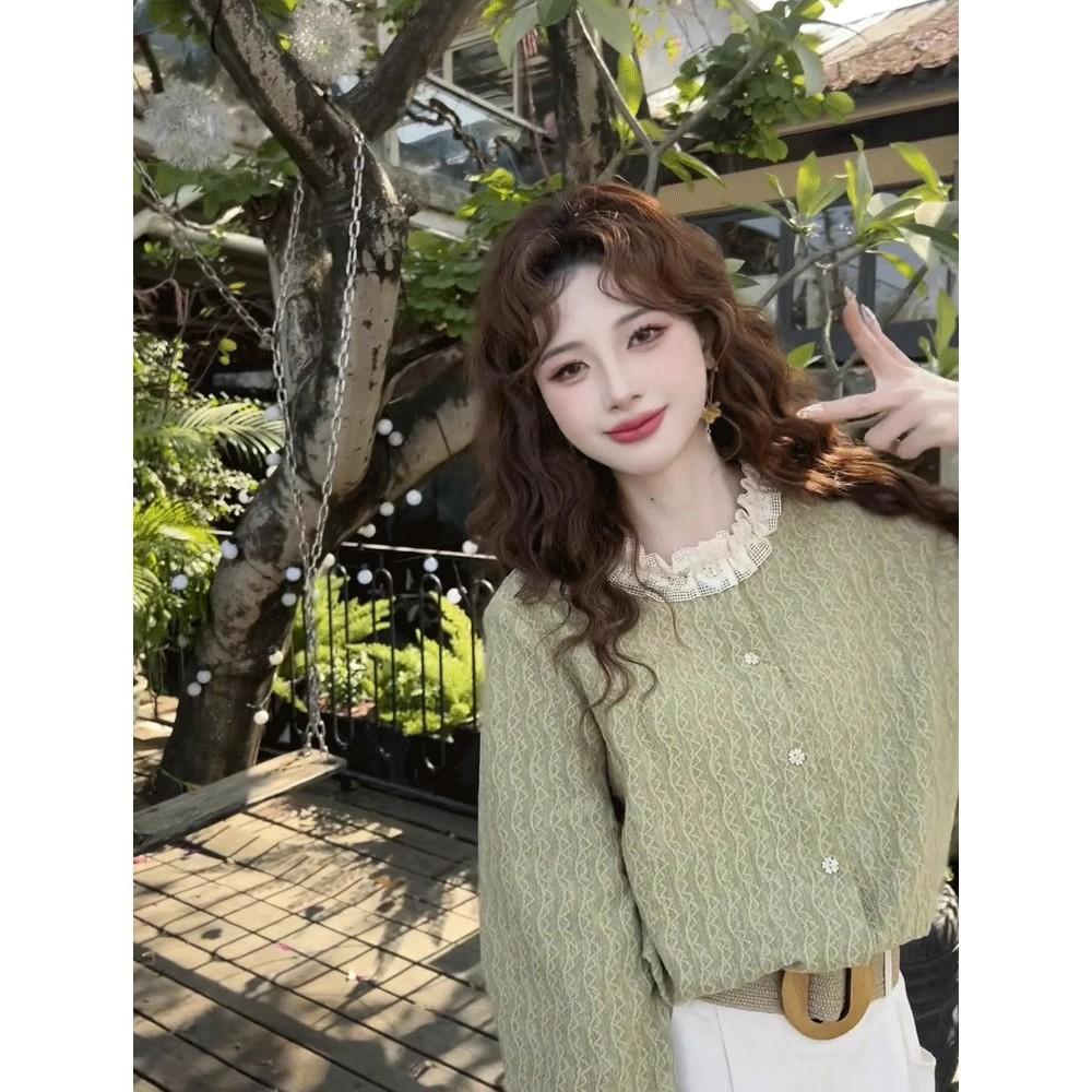 Gentle Sweet Green Pine Tea Hong Kong Style Retro Solid Color Shirt 1116 New Women's Autumn Design Loose and Thin Top