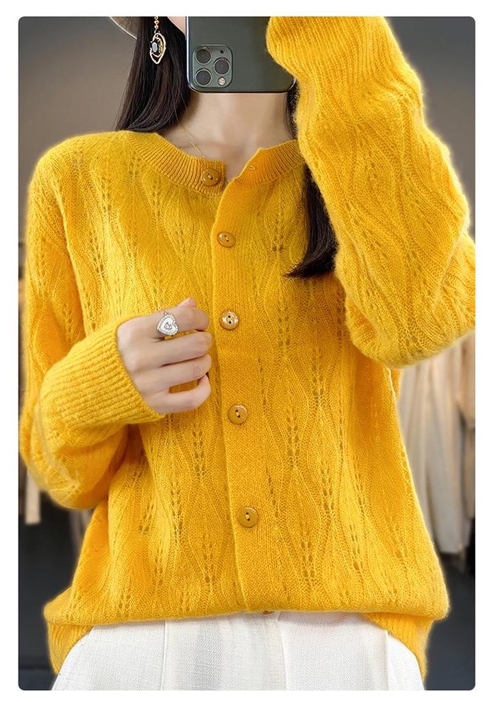 2023 Women's Retro Loose Round Neck Hollow Pure Wool Cardigan Sweater Knit - Early Autumn