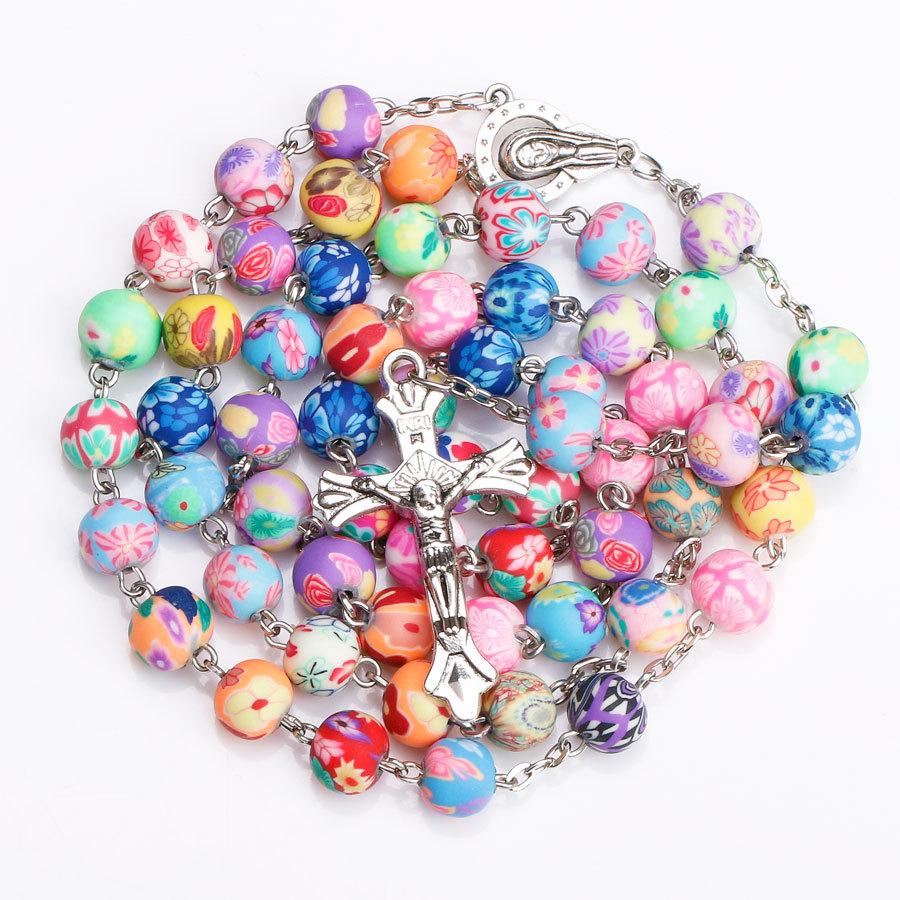 New Religion Cross Pendant Rosary Necklaces For Women Colorful Soft Pottery Beads long Chain Virgin Mary Jewelry