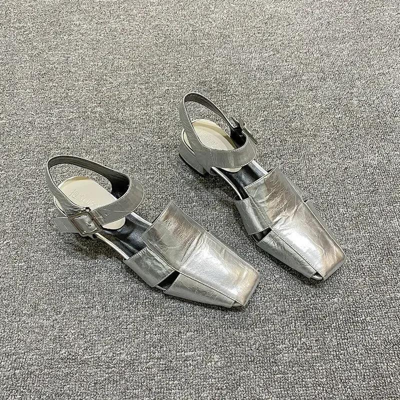 Fashion Summer Silver Leather Broad Band Hollow Out Women Sandals Pumps Luxury Design Cover Toe Buckle Strap Gladiator Roman Shoe