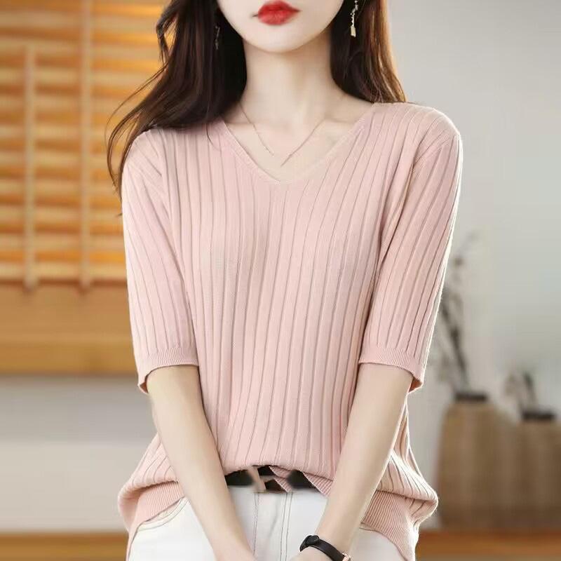 Frühling Sommer Damen V-Ausschnitt Kurzarm Exquisiter Kaschmir Strickpullover Pullover Einfarbig