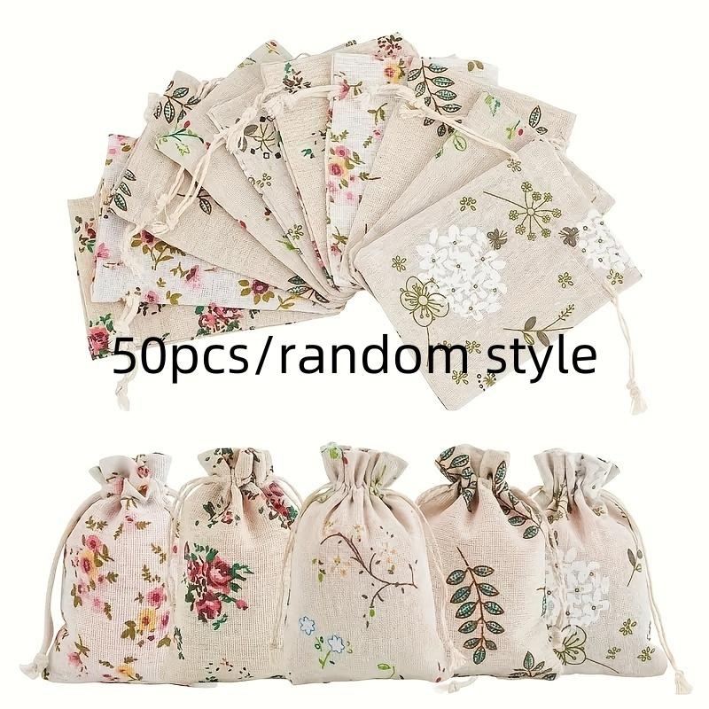 50 Pcs Pack Natural Floral Printed Linen Drawstring Bags White for Jewelry Wedding Decor Rustic Party Favors Gift Bags.