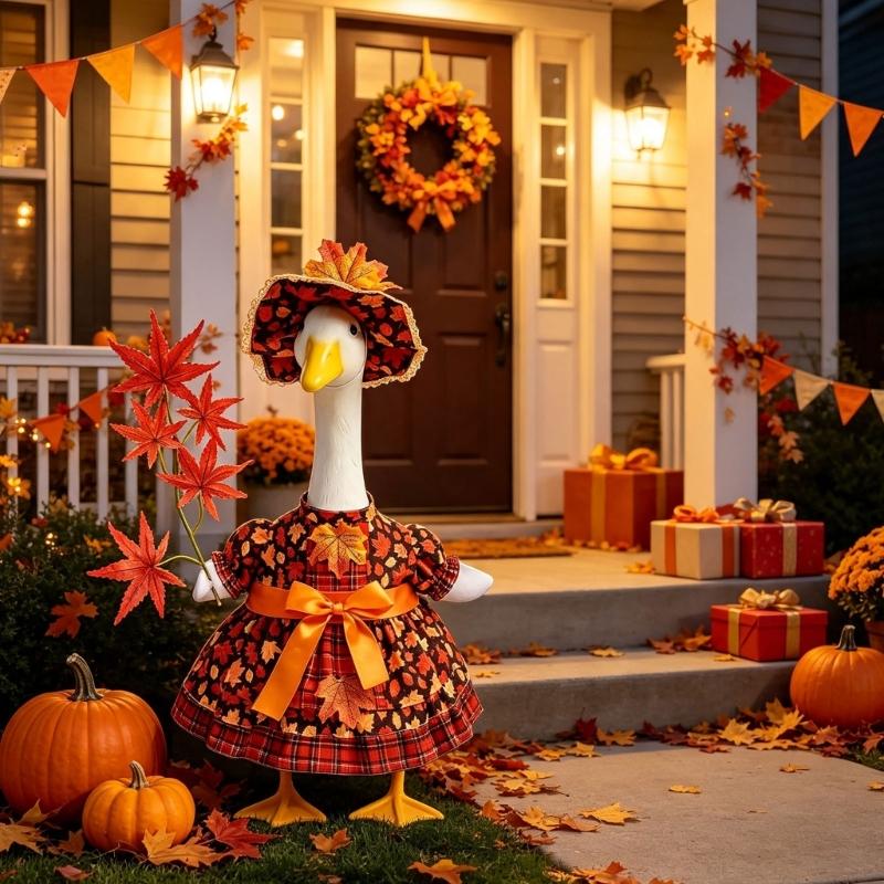 Maple Leaf Porch Bird Dress Set for Front Door Display, 21Inch Bird Statue Outfit with Matching Hat for Porch Animal Statue Decoration