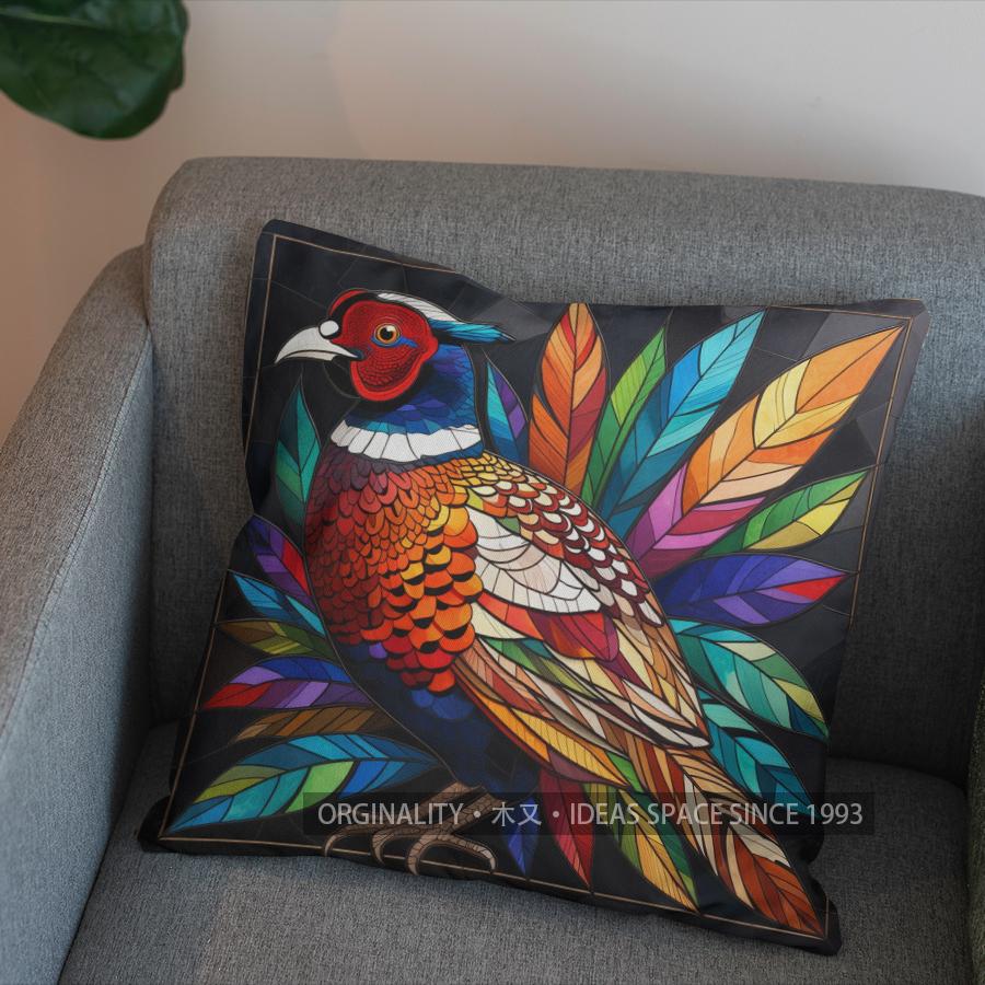 2D Stained Glass Style Pheasant-Printed Pattern Cushion Cover Suitable For Sofa Bedroom Car Pillow Cover