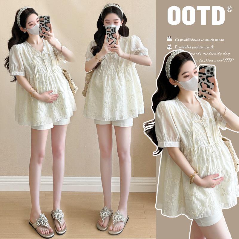 2026 Summer Maternity Set: Sweet Chinese Style Embroidered Chiffon Shirt & Belly Support Shorts Extra Large