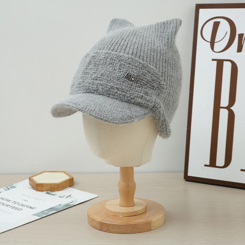 Winter Cat Ear Hat for Women with Plush Velvet Thickened Cold Proof Wool Hat Warm Ear Protection Knitted Casual Versatile Baseball Cap