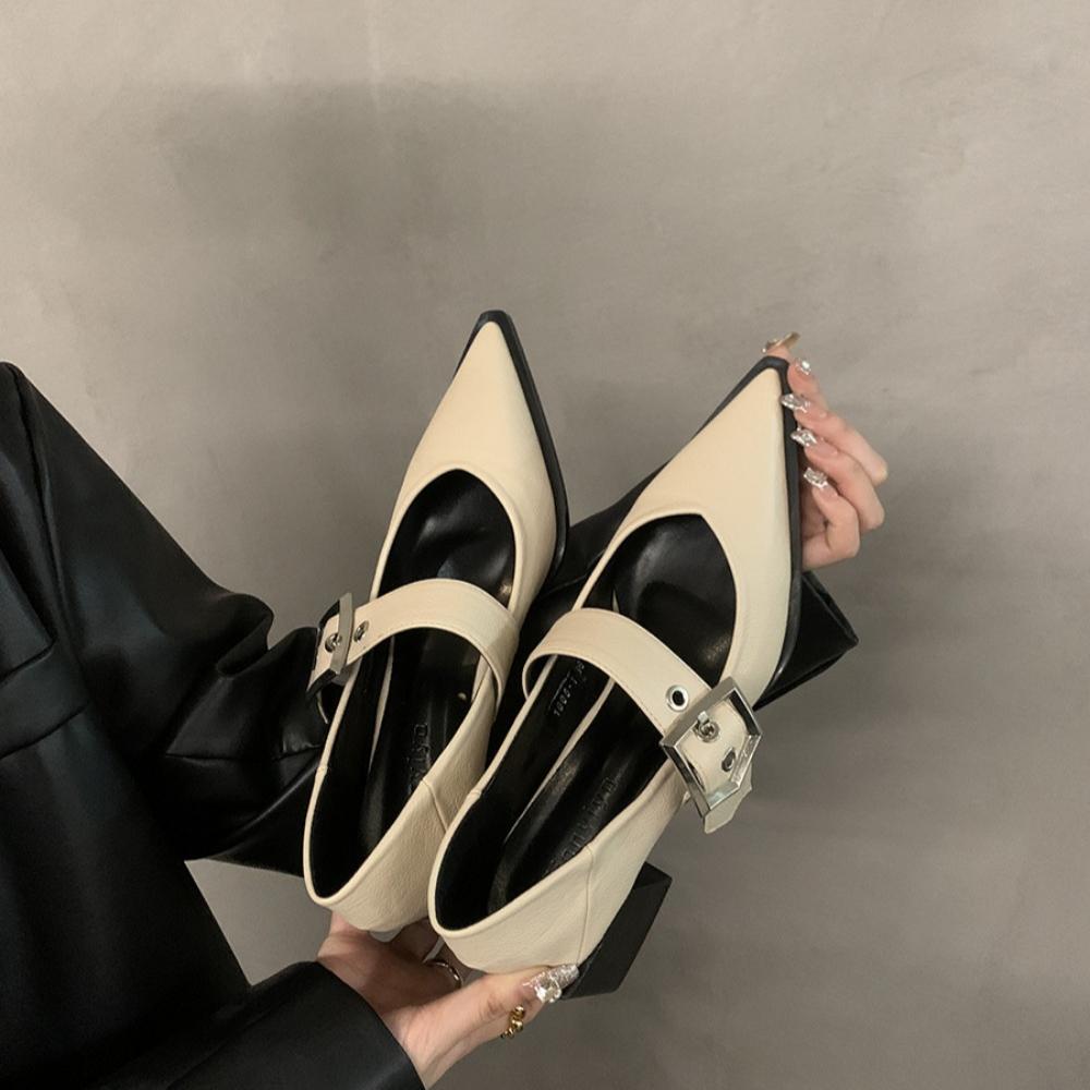Fashion Retro Pointed Mary Jane Small Leather Shoes for Women 2024 Autumn and Winter New Korean Version of Chunky Heel Loafers