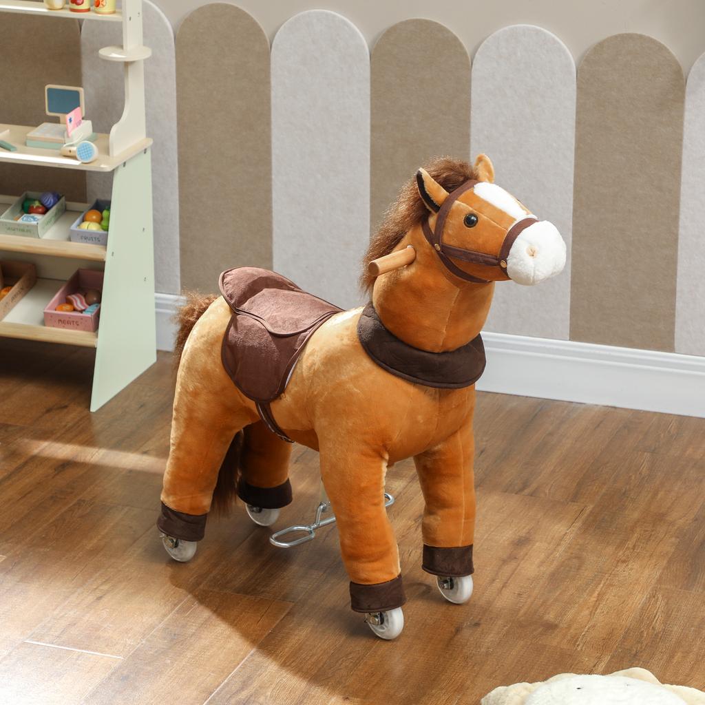 Ride On Horse, Plush Walking Horse Toy with Wheels and Saddle for Ages 3-5 Years Old, Brown
