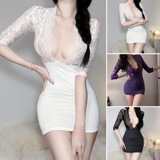 Women's Floral Lace Sheer Bodycon Mini Dress Deep V Neck Babydoll Nightdress See Through Erotic Sleepwear
