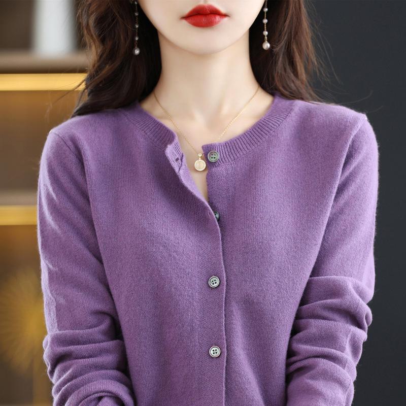 2024 Women's Solid Color Round Neck Knitted Cardigan - Long Sleeve Early Spring Sweater