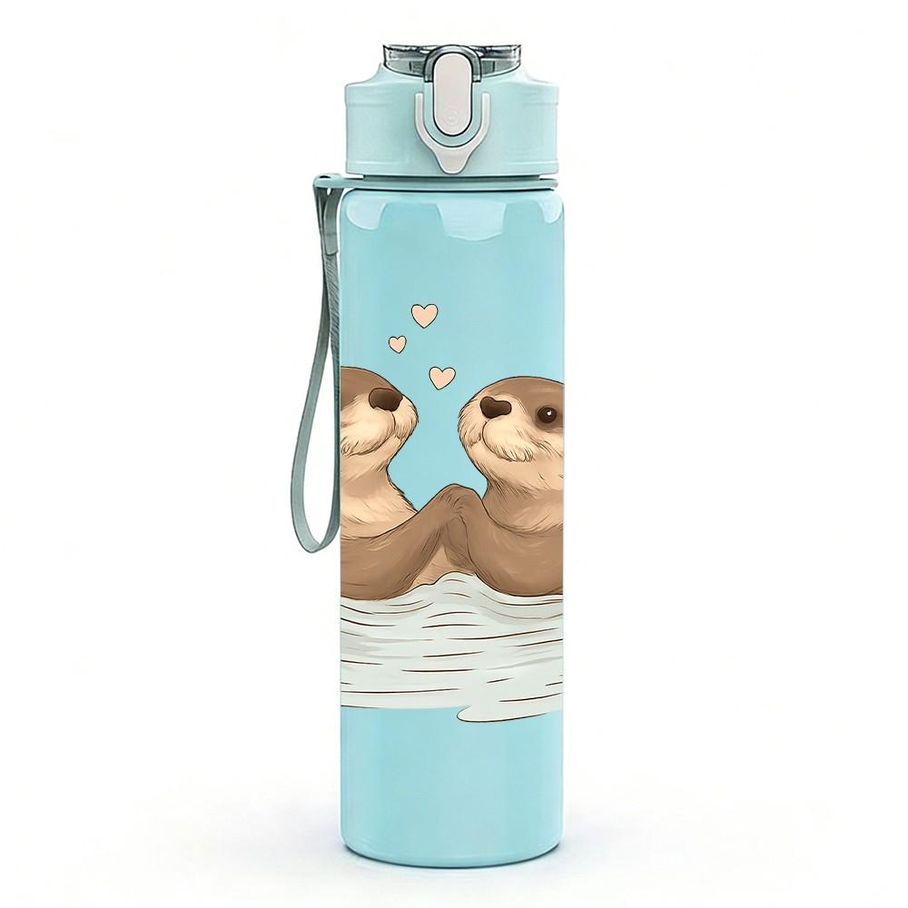 1PC Twin Floating Otters 750ml Color Plastic Sports Water Bottle Leakproof Flip Straw Lid Suitable for Sports Office Home Use