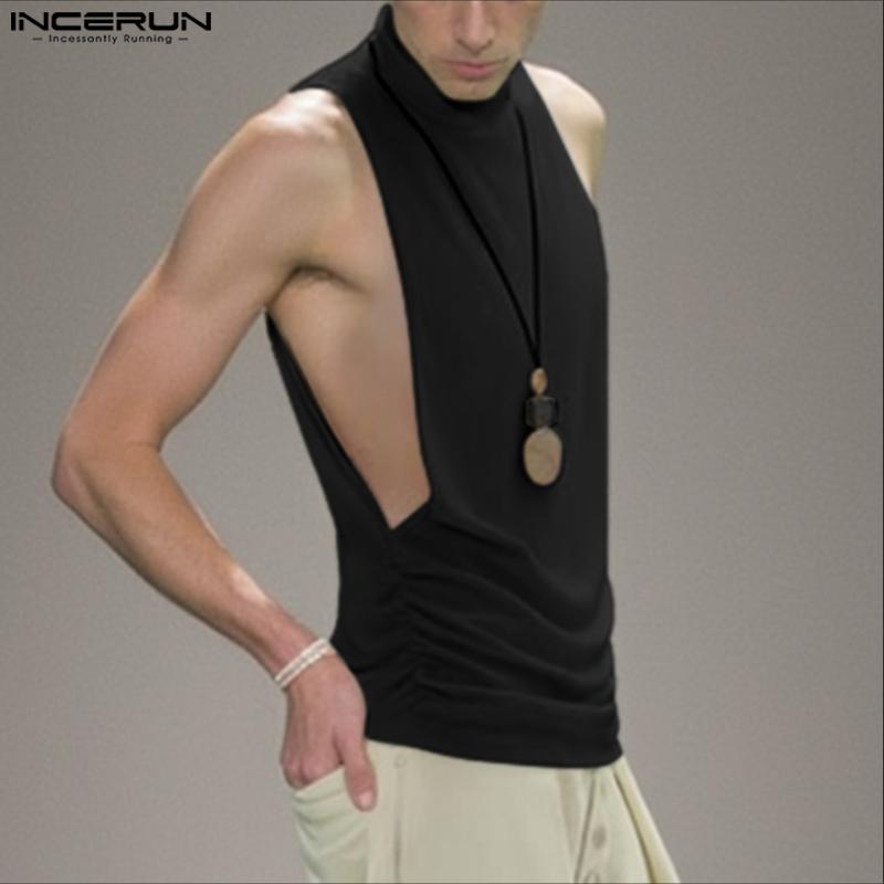 INCERUN Men High Neck Sleeveless Cutout Side Casual Loose Knitted Tank Tops