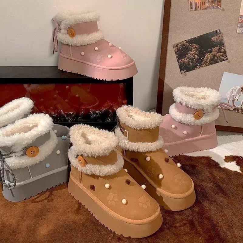 Snow Boots Women's Fleece Thickened New Thick Warm Northeast Cotton Shoes Winter Fluff 2025 Thick Soles Cute