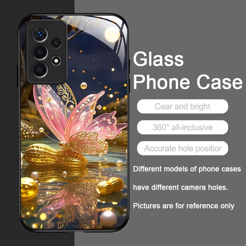 

Красива Квітка Золота Метелик Загартоване Скло Чохол для Телефона для Samsung Galaxy S25 Ultra S24 S23 Plus S22 S21 S20 FE A56 Чохли For Samsung A52 5G