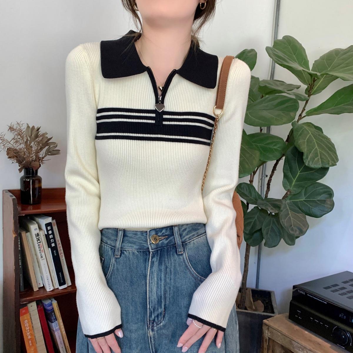

Temperament zipper polo collar contrasting color long-sleeved knitted sweater women s autumn new winter commuting slim and thin one size fits all