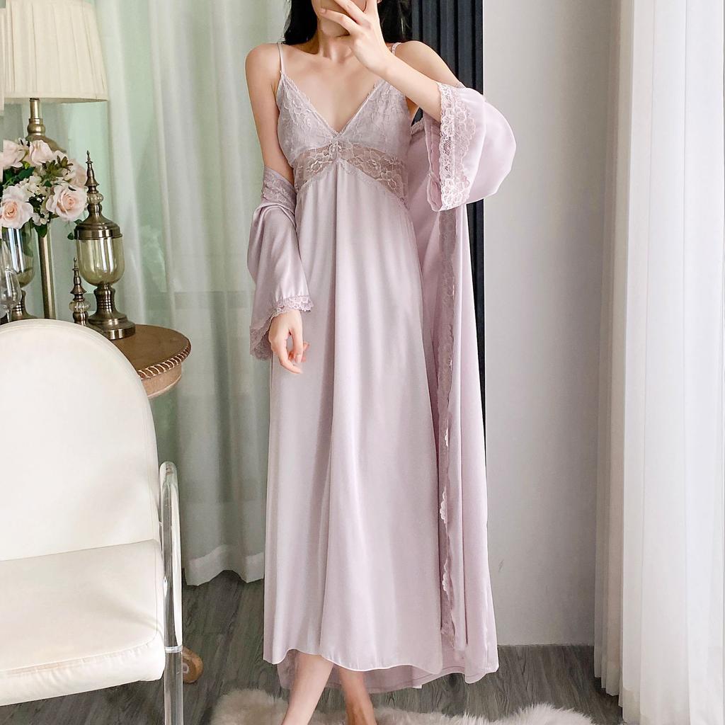1011 New Ice Silk Suspender Nightdress Women's Spring and Autumn Dress Robe Two-piece Set Pure Desire Wind Sexy with Chest Pad Long
